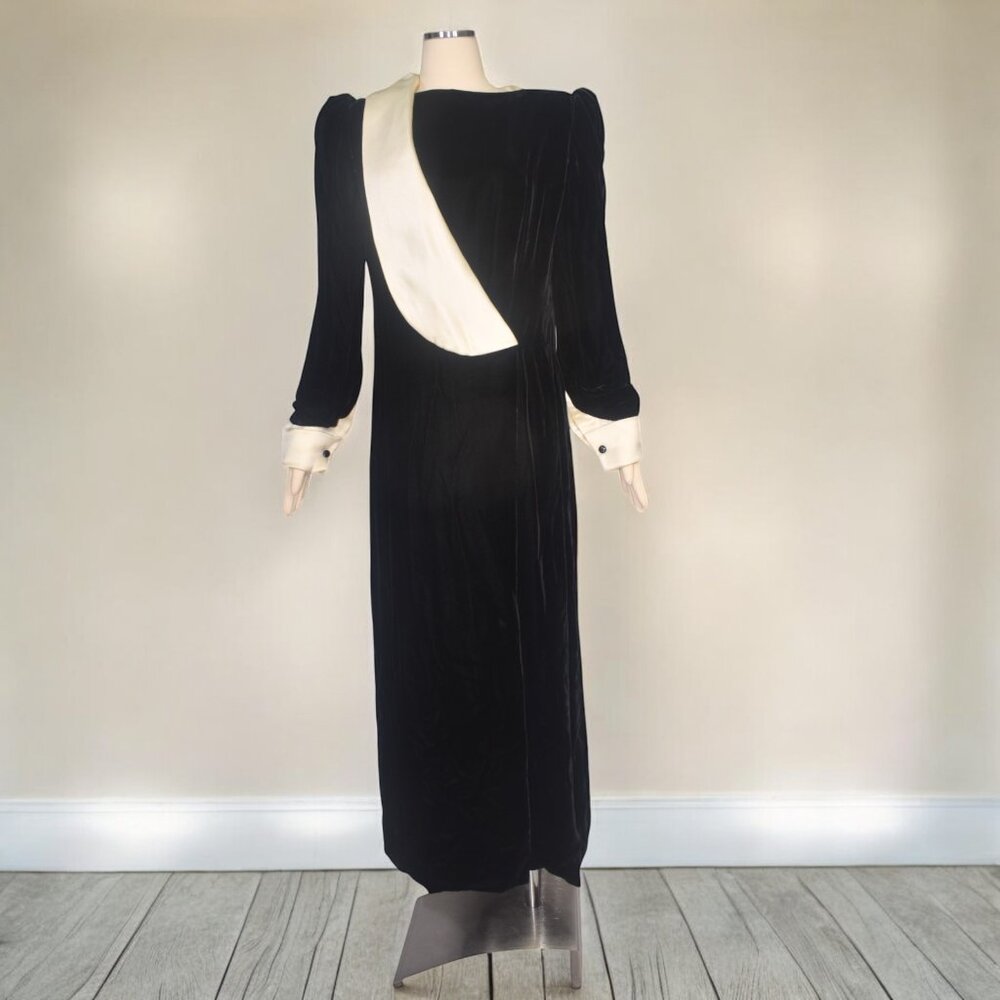 Carolina Herrera Black Velvet Ivory Satin Evening Gown Dress Long Sleeves 14 - Picture 8 of 8